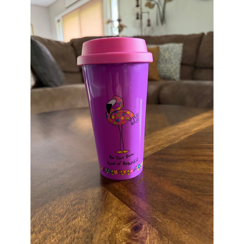 Flamingo Tumbler “Be Your Own Kind of Beautiful” Purple & Pink Coffee Drink Cup